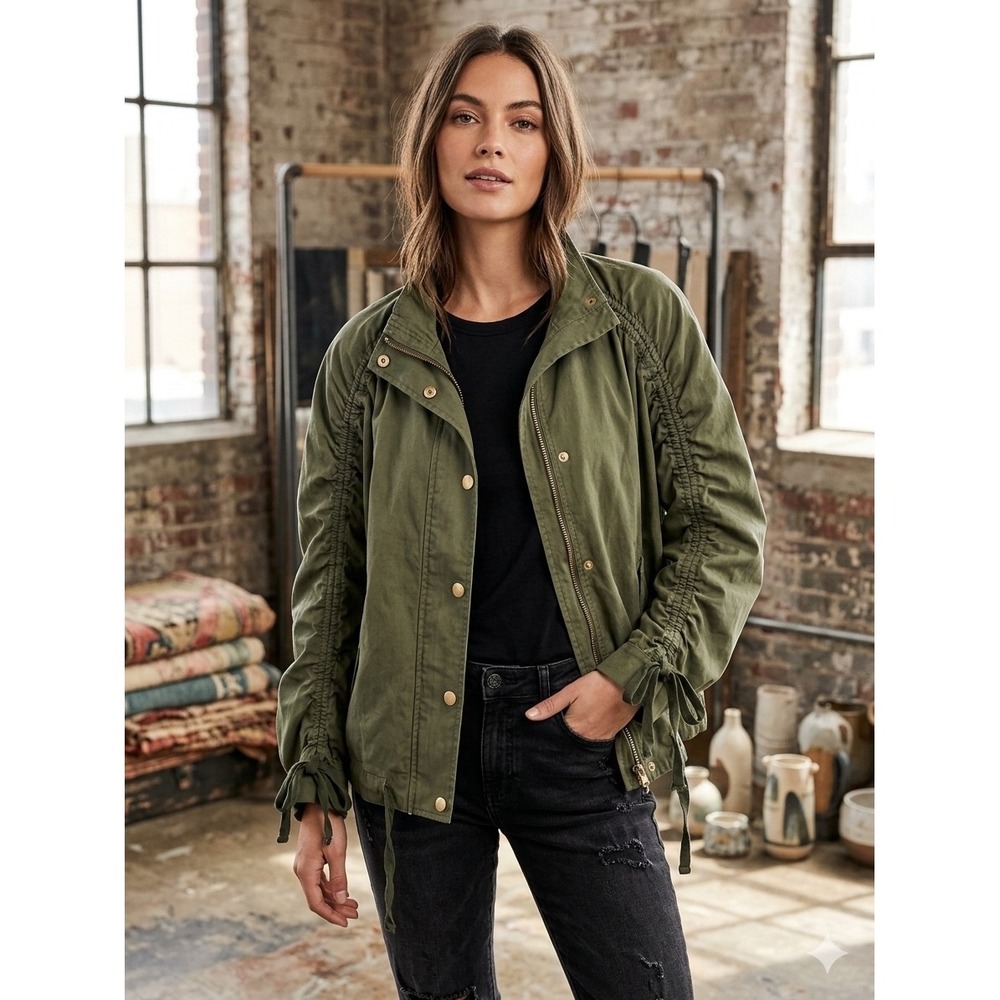 J.Crew Cotton Olive Green Ruched Sleeve Field Utility Jacket M Gorpcore Boho